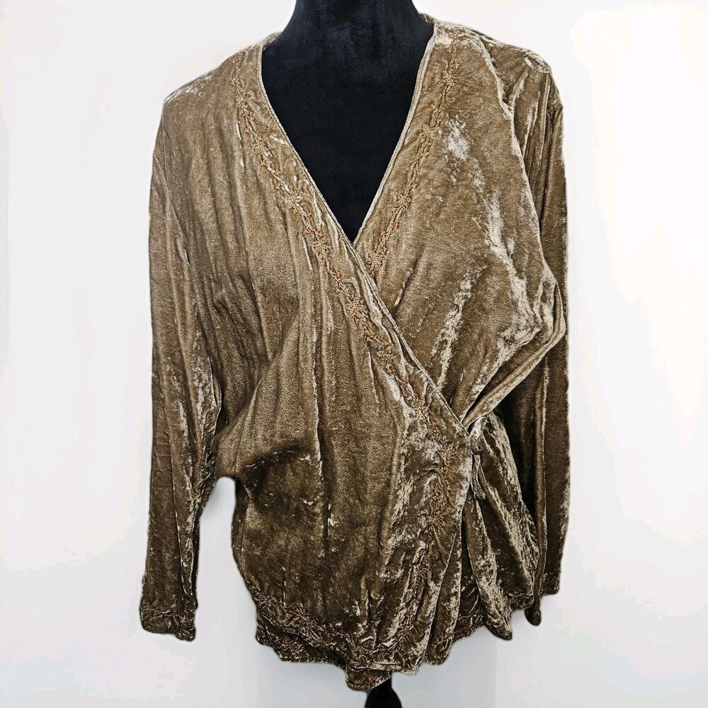 Women’s Golden Brown Crushed Velvet Wrap Top Size XL Retro Boho Fairy Peasant